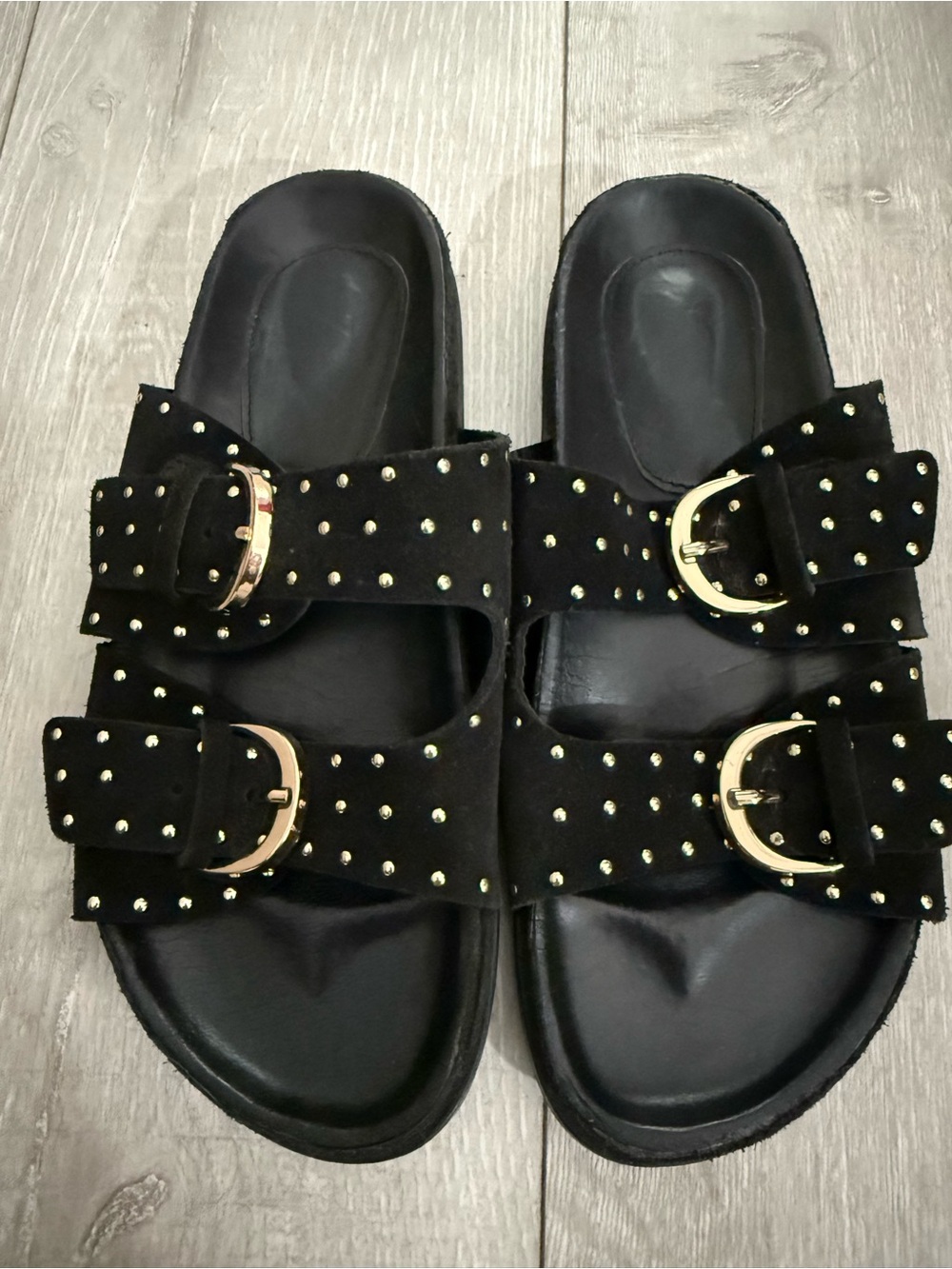 Zara Black Slide Sandals with Gold Buckles